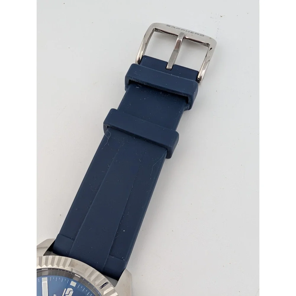 SAPPHERO Men's Quartz Watch 44mm Silver Case Blue Silicone Band- New Battery